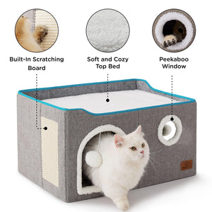 Large Cat Beds for Indoor Cats - Extra Wide Cat Cube House for Small Pet with Fluffy Ball Hanging and Scratch Pad, Foldable Pet Cave Hideaway for Multiple Cats, 23.6x16.9x13 inches, Grey