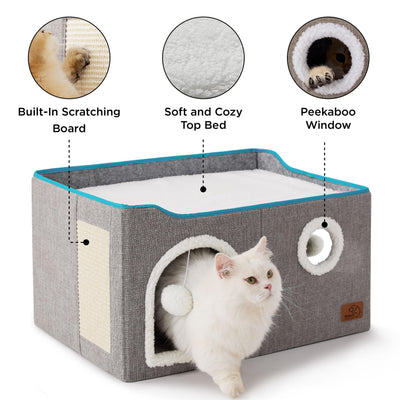 Large Cat Beds for Indoor Cats - Extra Wide Cat Cube House for Small Pet with Fluffy Ball Hanging and Scratch Pad, Foldable Pet Cave Hideaway for Multiple Cats, 23.6x16.9x13 inches, Grey