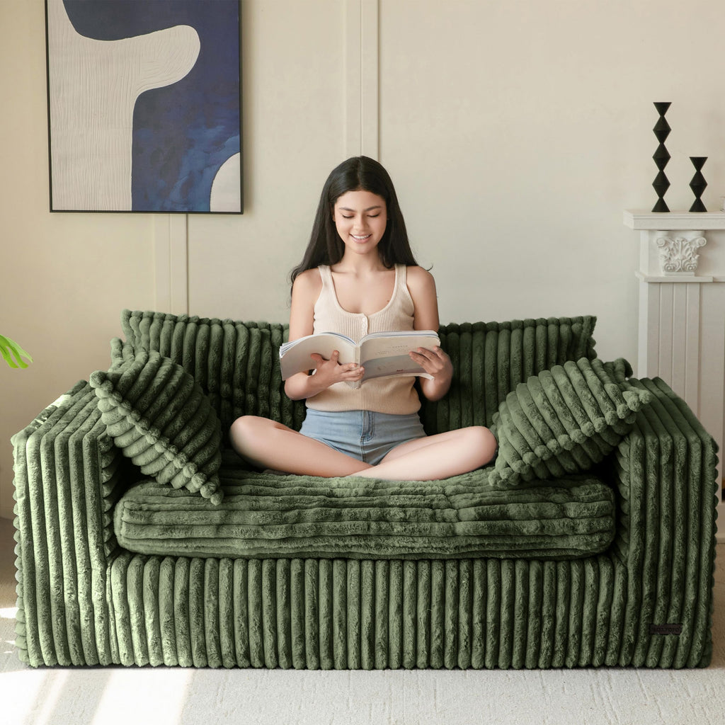 59" Bean Bag Sofa Couch, Loveseat Boneless Couch in a Box, Upholstered Small Mini Sofa with Deep Seating for Living Room Bedroom Office Apartment, No Assembly, Green