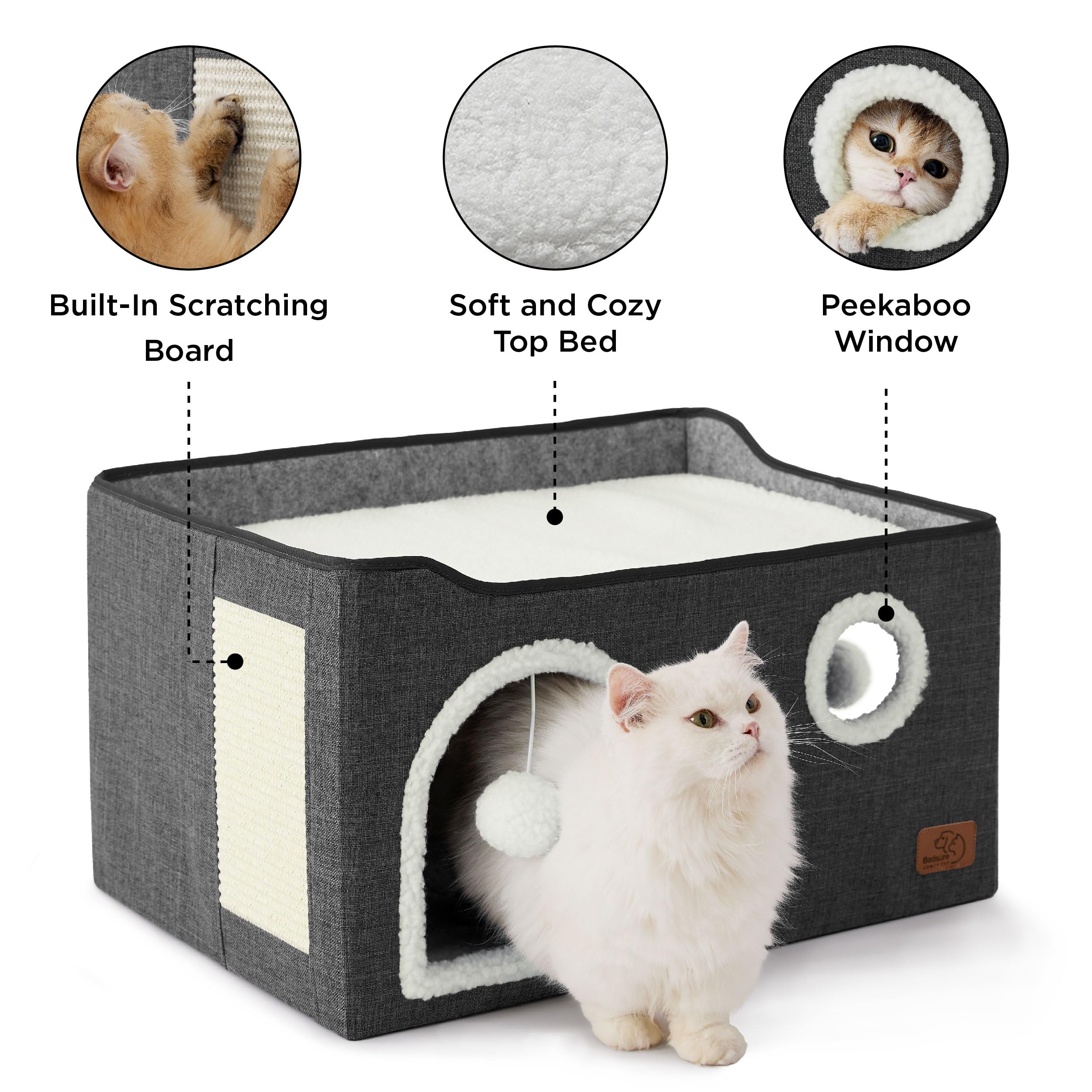 Large Cat Beds for Indoor Cats - Extra Wide Cat Cube House for Small Pet with Fluffy Ball Hanging and Scratch Pad, Foldable Pet Cave Hideaway for Multiple Cats, 23.6x16.9x13 inches, Dark Grey