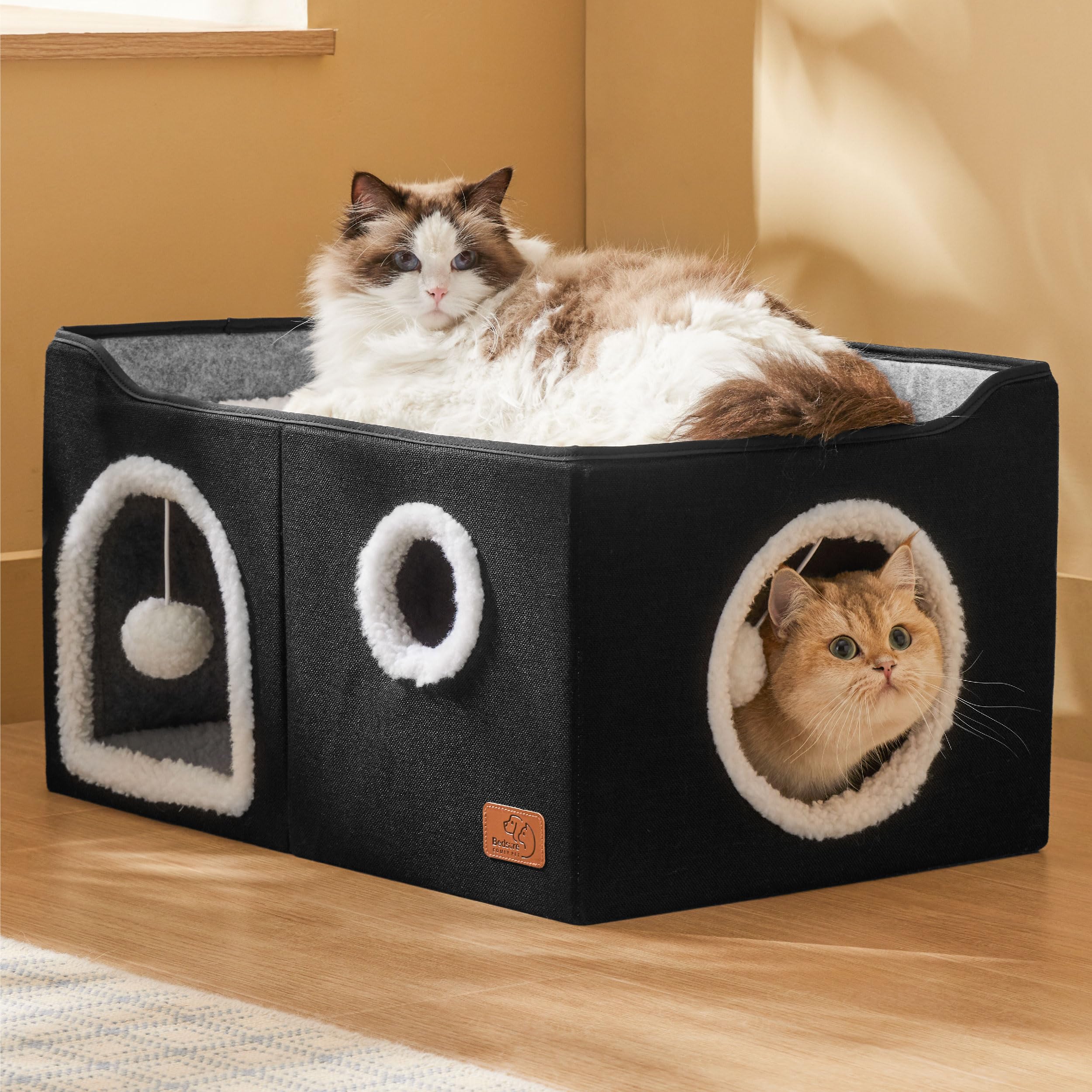 Large Cat Beds for Indoor Cats - Extra Wide Cat Cube House for Small Pet with Fluffy Ball Hanging and Scratch Pad, Foldable Pet Cave Hideaway for Multiple Cats, 23.6x16.9x13 inches, Black