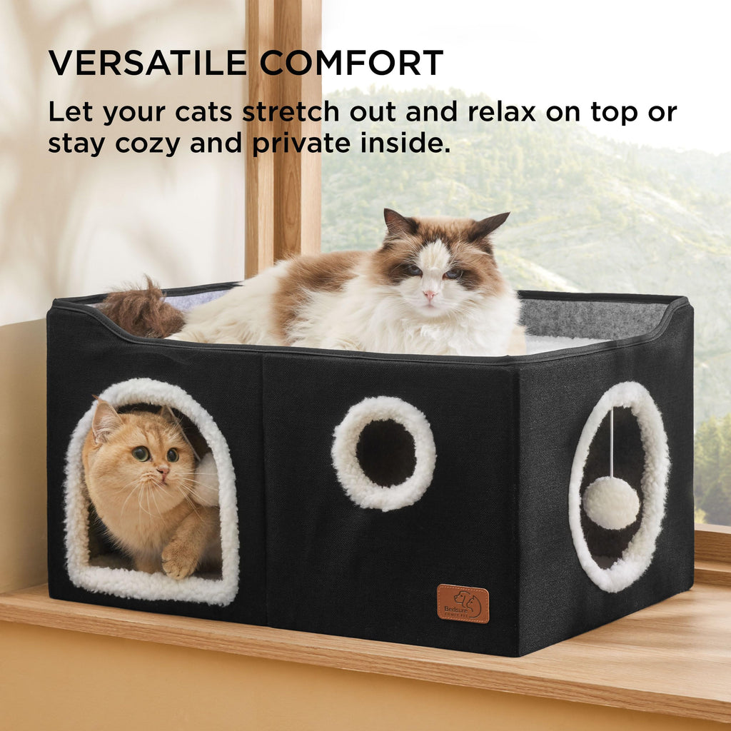 Large Cat Beds for Indoor Cats - Extra Wide Cat Cube House for Small Pet with Fluffy Ball Hanging and Scratch Pad, Foldable Pet Cave Hideaway for Multiple Cats, 23.6x16.9x13 inches, Black