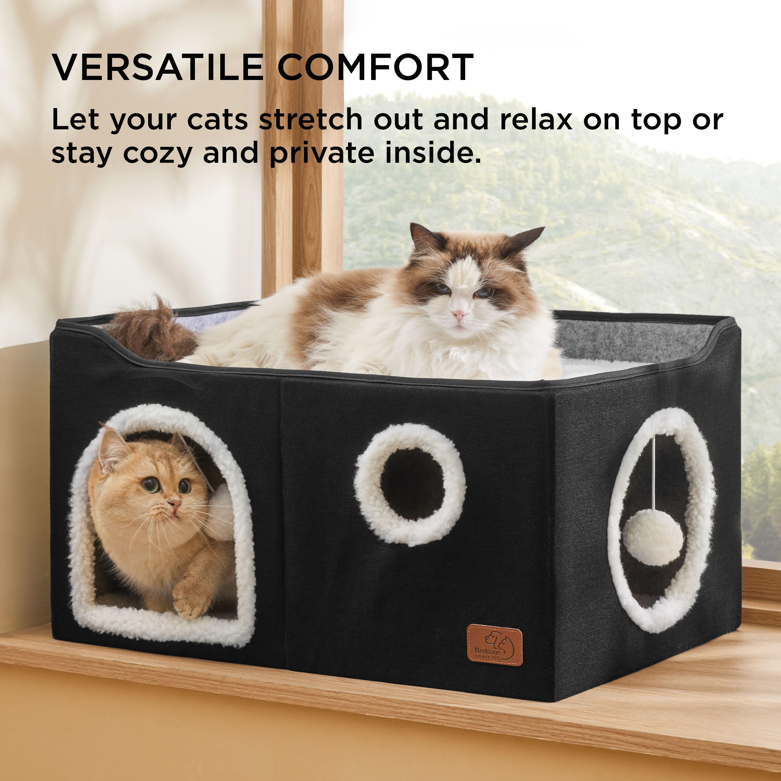 Large Cat Beds for Indoor Cats - Extra Wide Cat Cube House for Small Pet with Fluffy Ball Hanging and Scratch Pad, Foldable Pet Cave Hideaway for Multiple Cats, 23.6x16.9x13 inches, Black