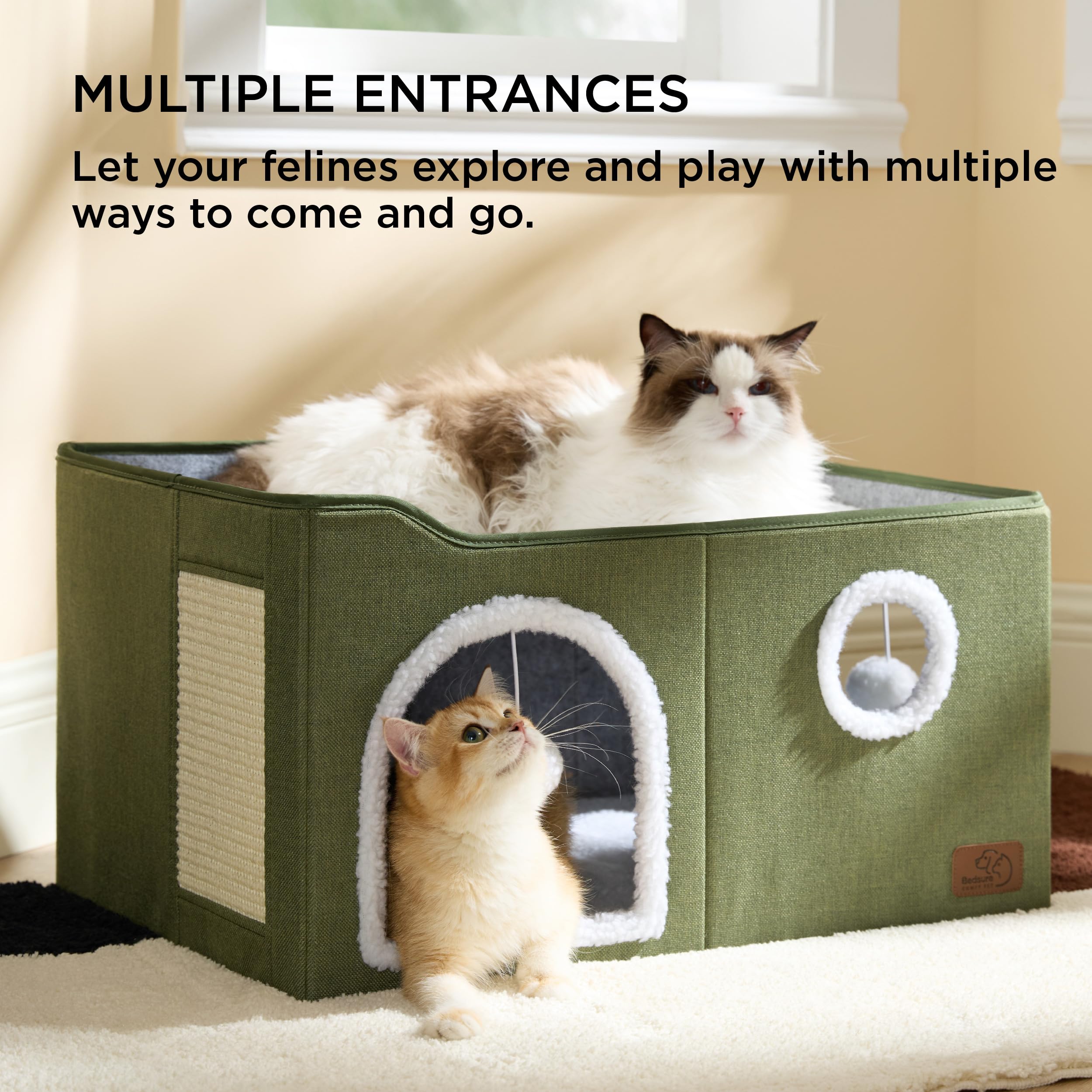 Large Cat Beds for Indoor Cats - Extra Wide Cat Cube House for Small Pet with Fluffy Ball Hanging and Scratch Pad, Foldable Pet Cave Hideaway for Multiple Cats, 23.6x16.9x13 inches