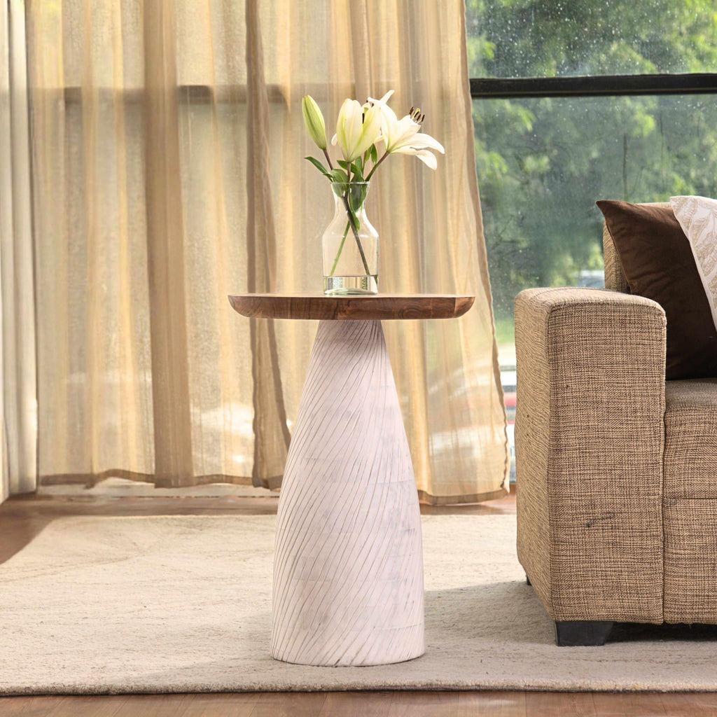 Modern Round Wood Accent Table with Carved Cone Base Solid Mango Wood Side Table for Living Room, Bedroom or Entryway White,Assembled