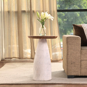 Modern Round Wood Accent Table with Carved Cone Base Solid Mango Wood Side Table for Living Room, Bedroom or Entryway White,Assembled
