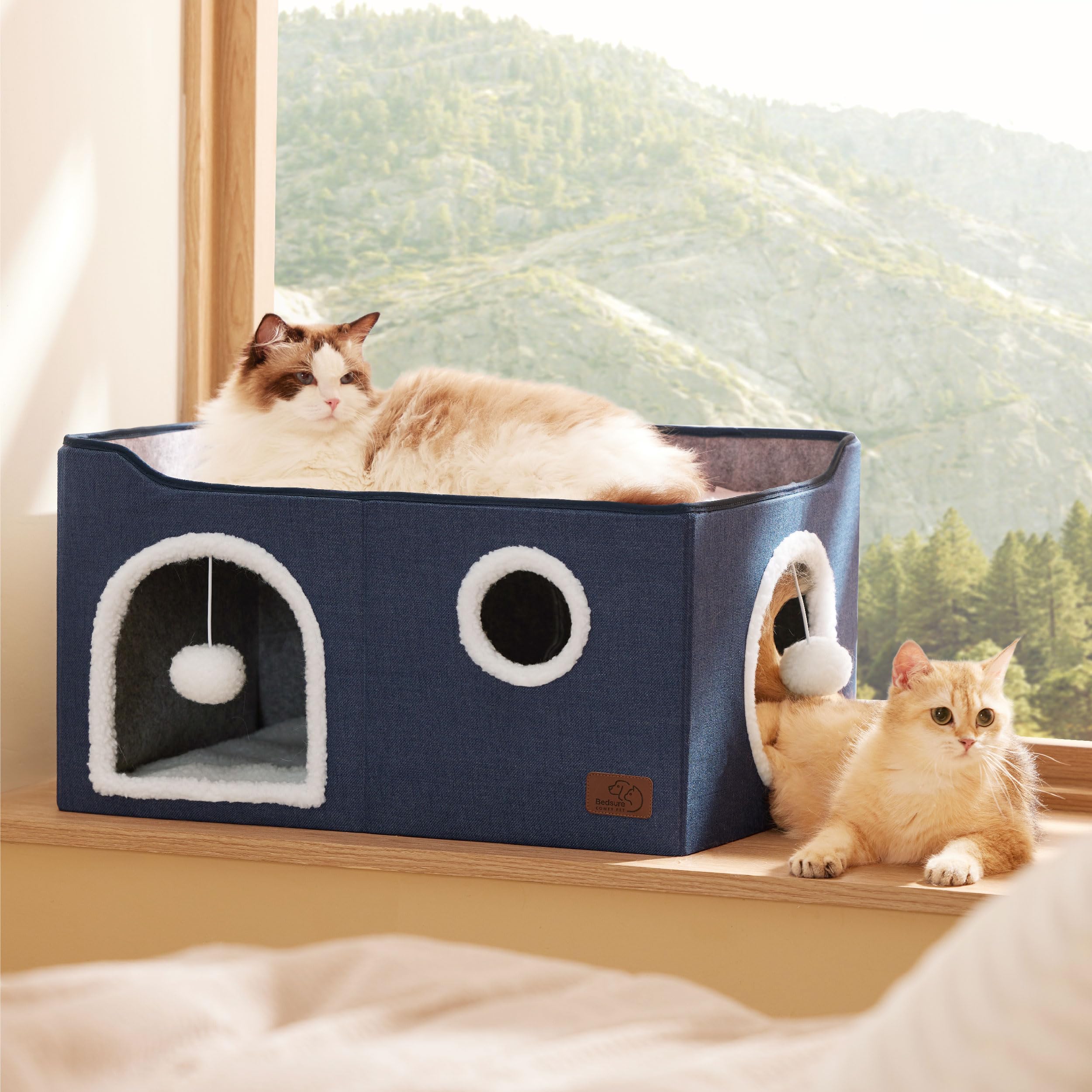 Large Cat Beds for Indoor Cats - Extra Wide Cat Cube House for Small Pet with Fluffy Ball Hanging and Scratch Pad, Foldable Pet Cave Hideaway for Multiple Cats, 23.6x16.9x13 inches, Blue