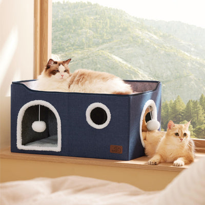 Large Cat Beds for Indoor Cats - Extra Wide Cat Cube House for Small Pet with Fluffy Ball Hanging and Scratch Pad, Foldable Pet Cave Hideaway for Multiple Cats, 23.6x16.9x13 inches, Blue