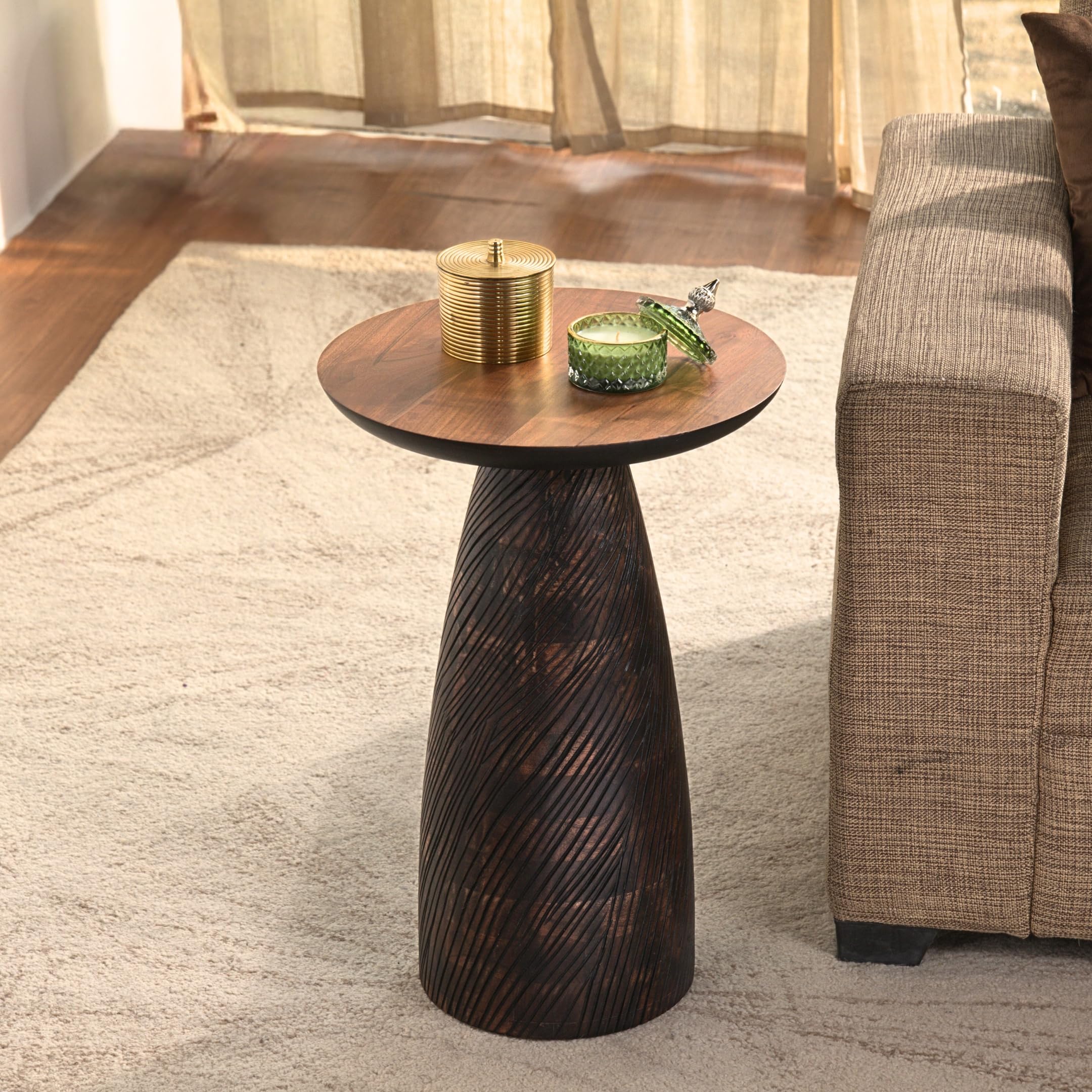 Mid-Century Farmhouse Cottagecore Accent Drink Table, Round Solid Mango Wood Accent Table with Carved Cone Base Minimalist Design for Small Spaces, Living Room, Bedroom or Entryway, Walnut, Assembled