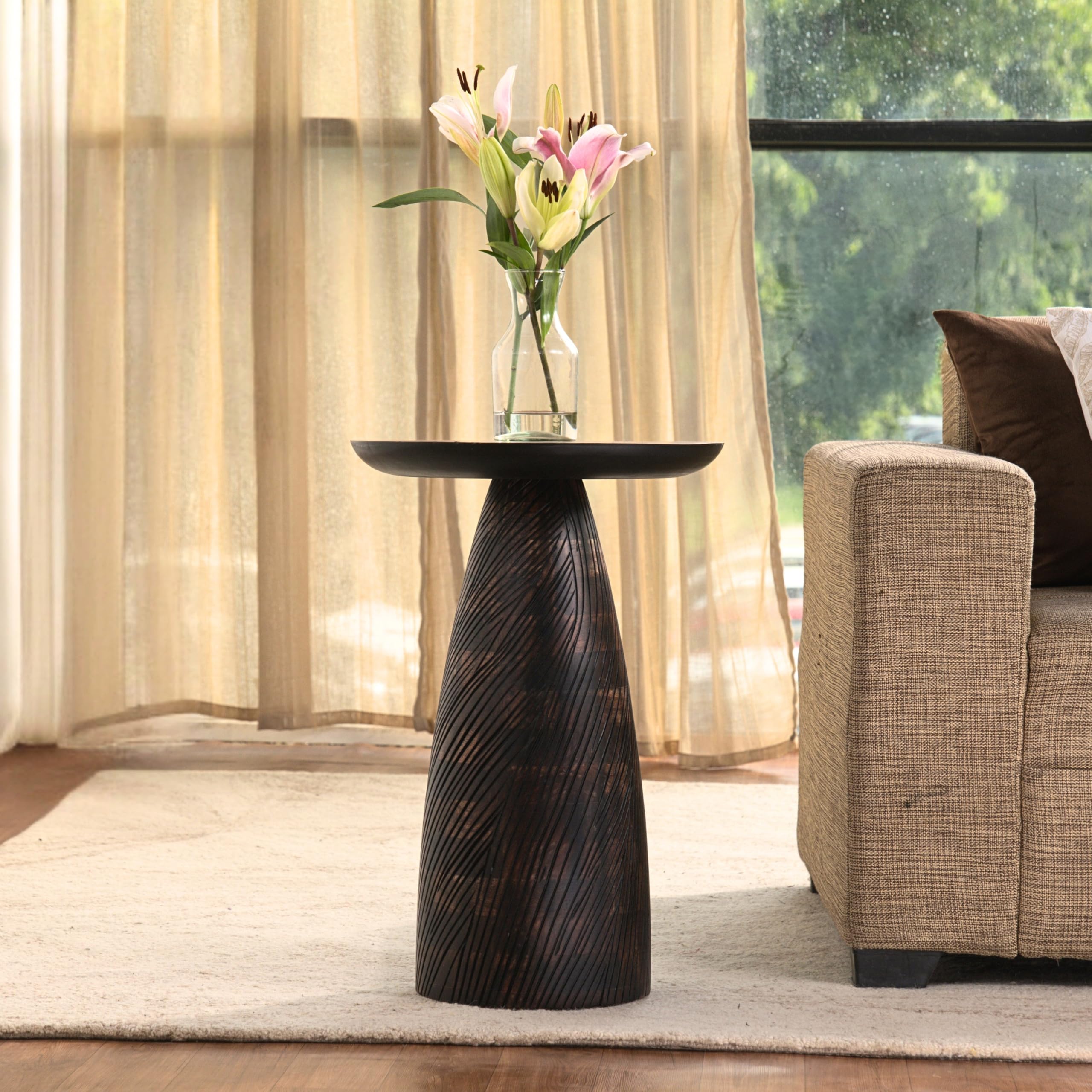 Mid-Century Farmhouse Cottagecore Accent Drink Table, Round Solid Mango Wood Accent Table with Carved Cone Base Minimalist Design for Small Spaces, Living Room, Bedroom or Entryway, Walnut, Assembled