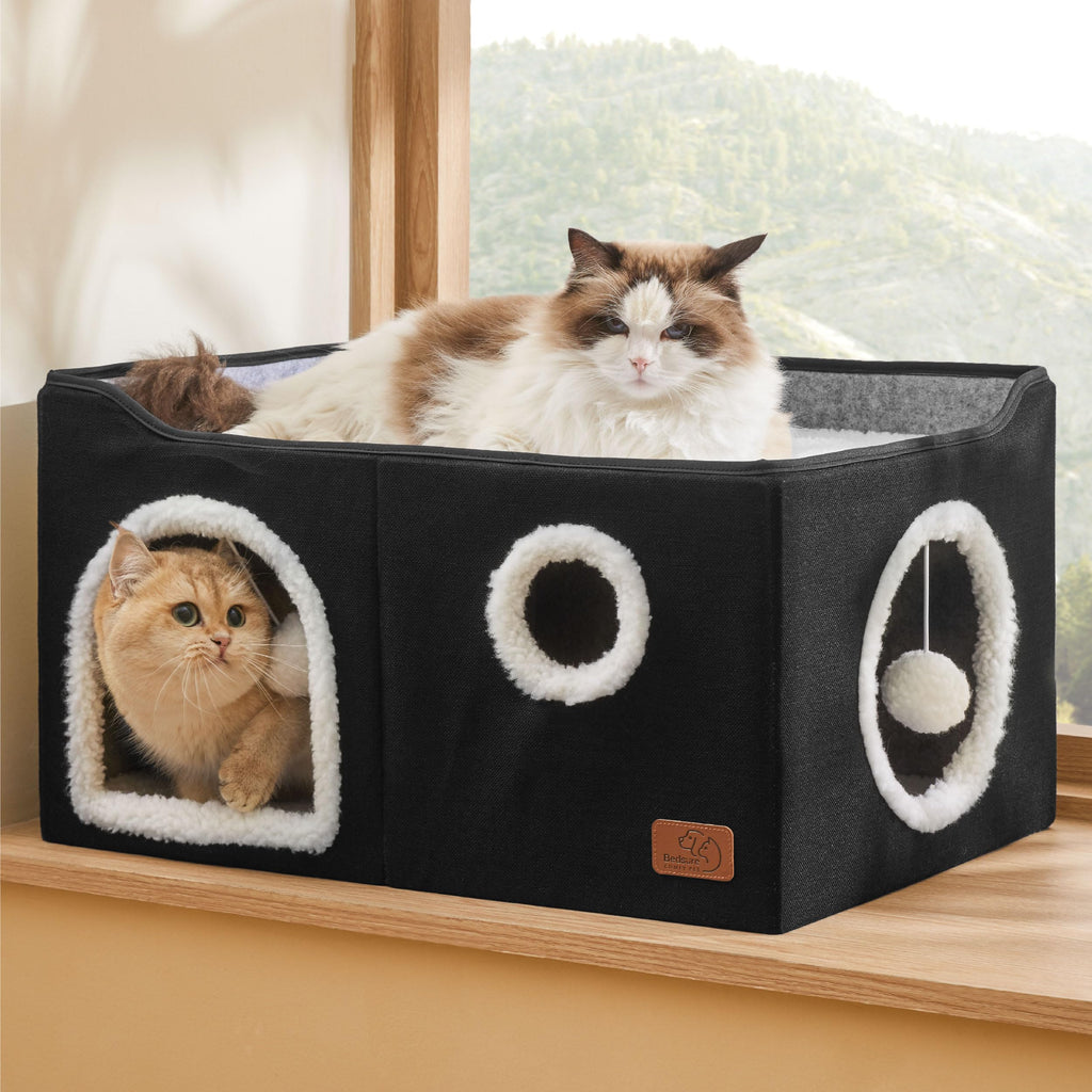 Large Cat Beds for Indoor Cats - Extra Wide Cat Cube House for Small Pet with Fluffy Ball Hanging and Scratch Pad, Foldable Pet Cave Hideaway for Multiple Cats, 23.6x16.9x13 inches, Black