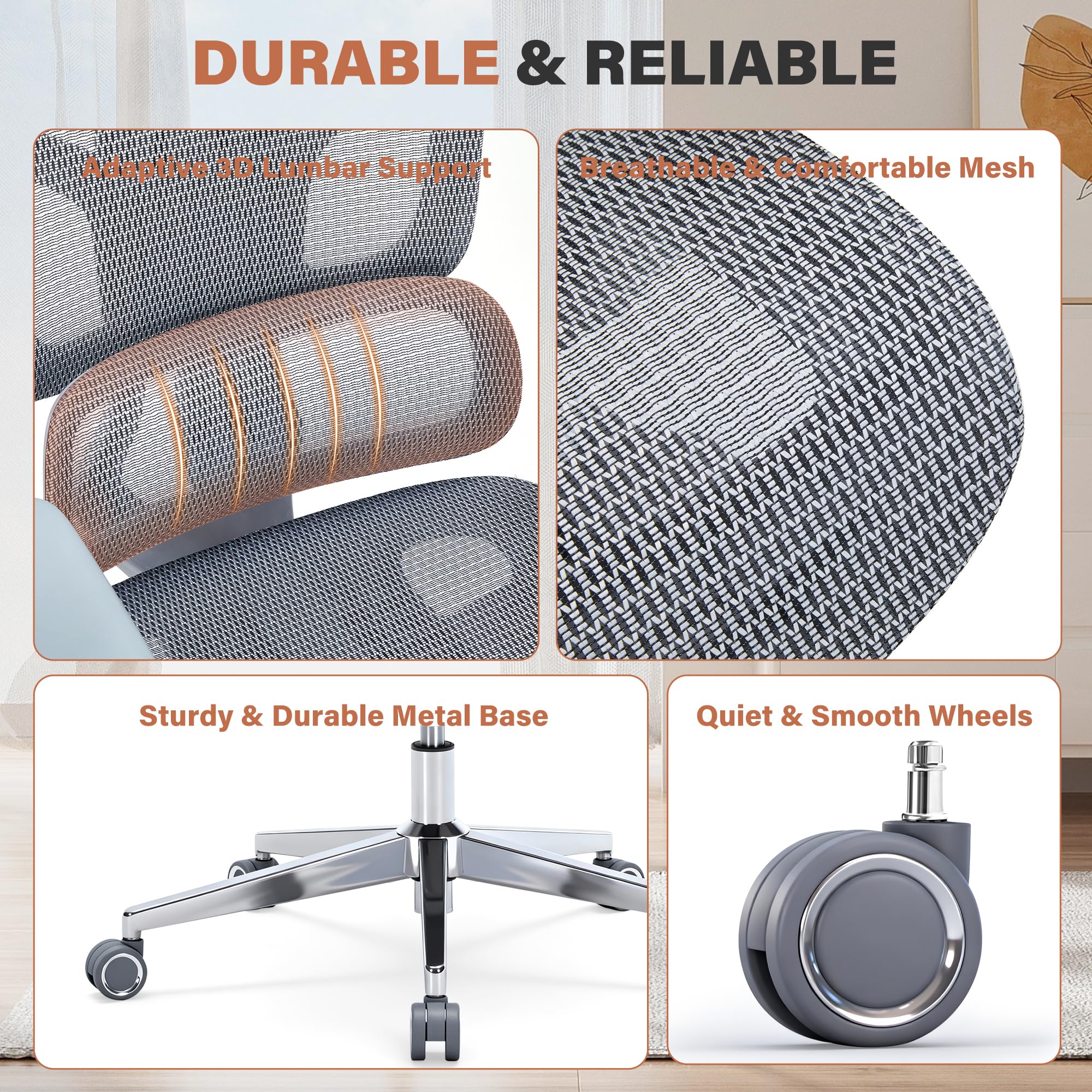 Ergonomic Office Chair with Footrest-Mesh Desk Chair with Adjustable Headrest, 5D Armrests, 3D Lumbar Support & Adjustable Backrest, High Back Swivel Computer Chairs, Heavy Duty Metal Base 400lbs