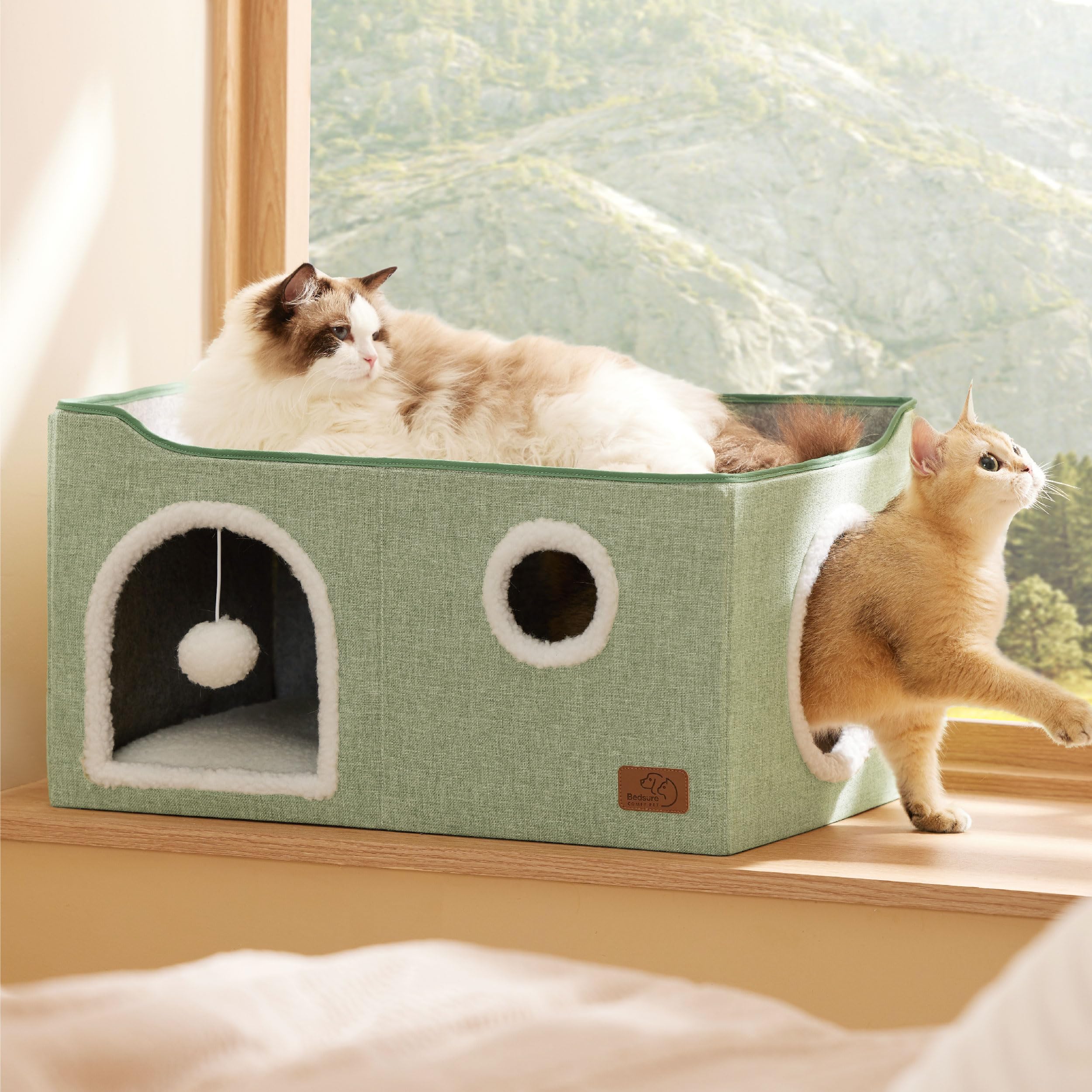 Large Cat Beds for Indoor Cats - Extra Wide Cat Cube House for Small Pet with Fluffy Ball Hanging and Scratch Pad, Foldable Pet Cave Hideaway for Multiple Cats, 23.6x16.9x13 inches, Green