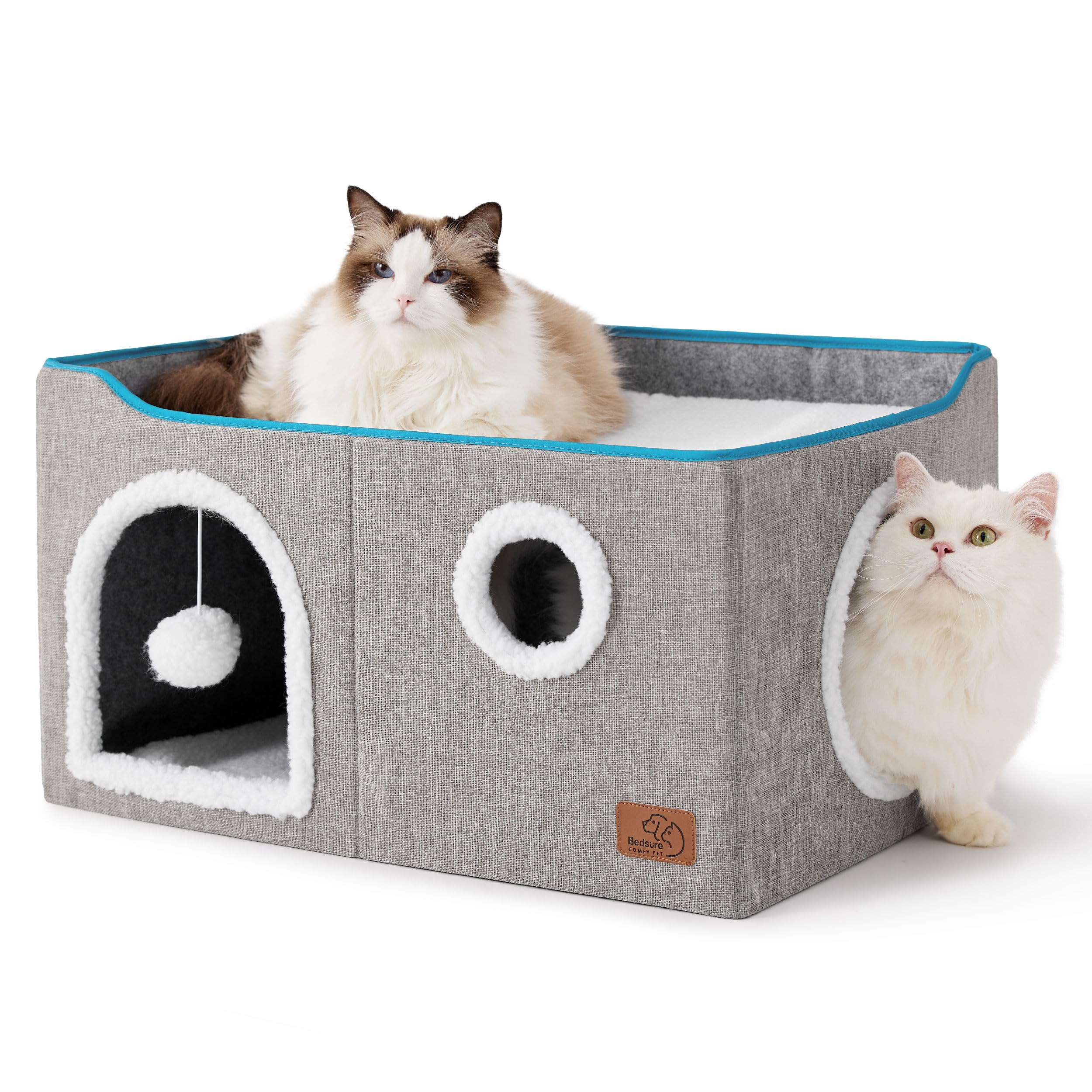 Large Cat Beds for Indoor Cats - Extra Wide Cat Cube House for Small Pet with Fluffy Ball Hanging and Scratch Pad, Foldable Pet Cave Hideaway for Multiple Cats, 23.6x16.9x13 inches, Grey