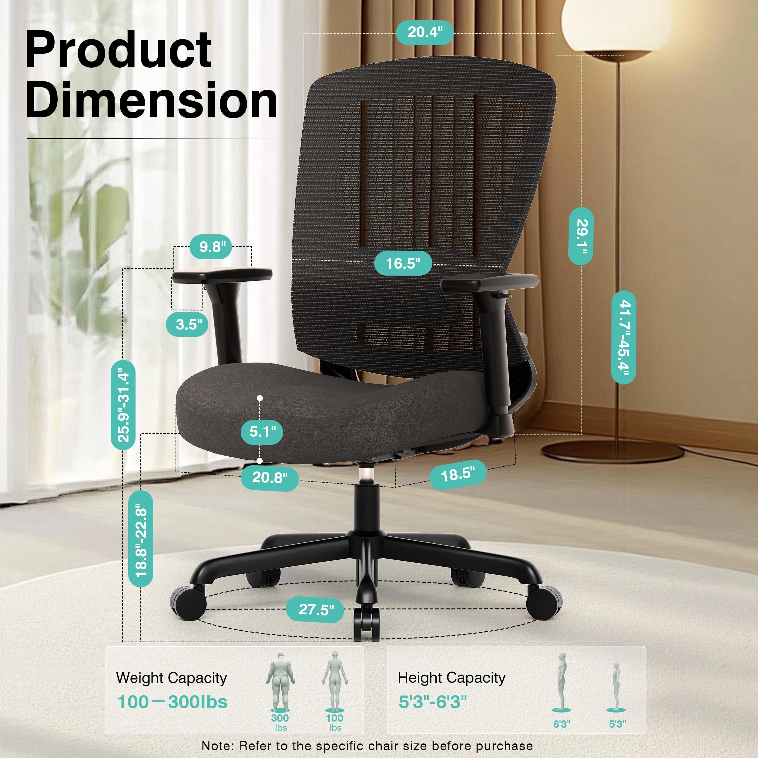 Ergonomic Home Office Chair, Mesh Computer Desk Chair with 4D Armrests, Adjustable Lumbar Support,Rolling Swivel Task Chair for Long Hours, Sponge Cushion