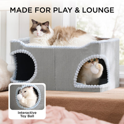 Large Cat Beds for Indoor Cats - Extra Wide Cat House with Scratch Removable Top Sisal Pad for Multi Cats, Foldable Cave Hideaway for Entertainment, 23.6x15.9x12.6inches, Grey