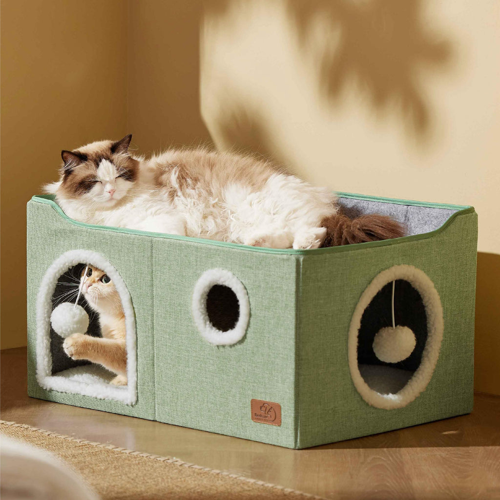 Large Cat Beds for Indoor Cats - Extra Wide Cat Cube House for Small Pet with Fluffy Ball Hanging and Scratch Pad, Foldable Pet Cave Hideaway for Multiple Cats, 23.6x16.9x13 inches, Green
