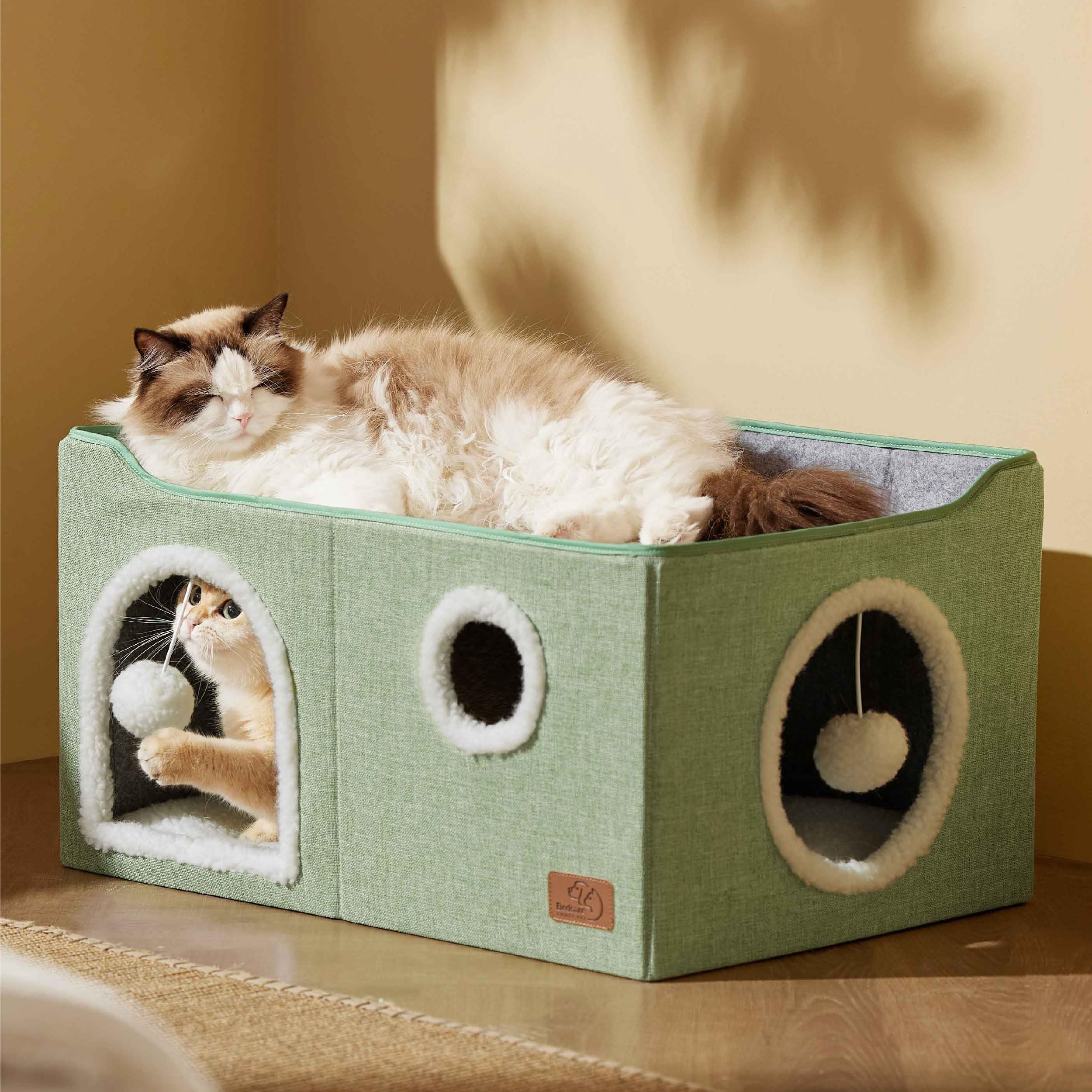 Large Cat Beds for Indoor Cats - Extra Wide Cat Cube House for Small Pet with Fluffy Ball Hanging and Scratch Pad, Foldable Pet Cave Hideaway for Multiple Cats, 23.6x16.9x13 inches, Green