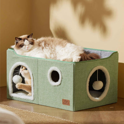 Large Cat Beds for Indoor Cats - Extra Wide Cat Cube House for Small Pet with Fluffy Ball Hanging and Scratch Pad, Foldable Pet Cave Hideaway for Multiple Cats, 23.6x16.9x13 inches, Green