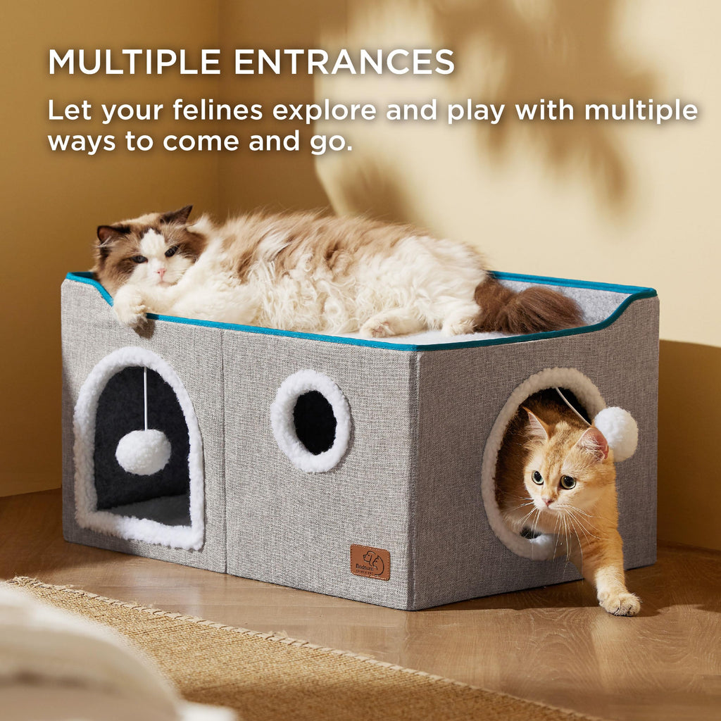 Large Cat Beds for Indoor Cats - Extra Wide Cat Cube House for Small Pet with Fluffy Ball Hanging and Scratch Pad, Foldable Pet Cave Hideaway for Multiple Cats, 23.6x16.9x13 inches, Grey