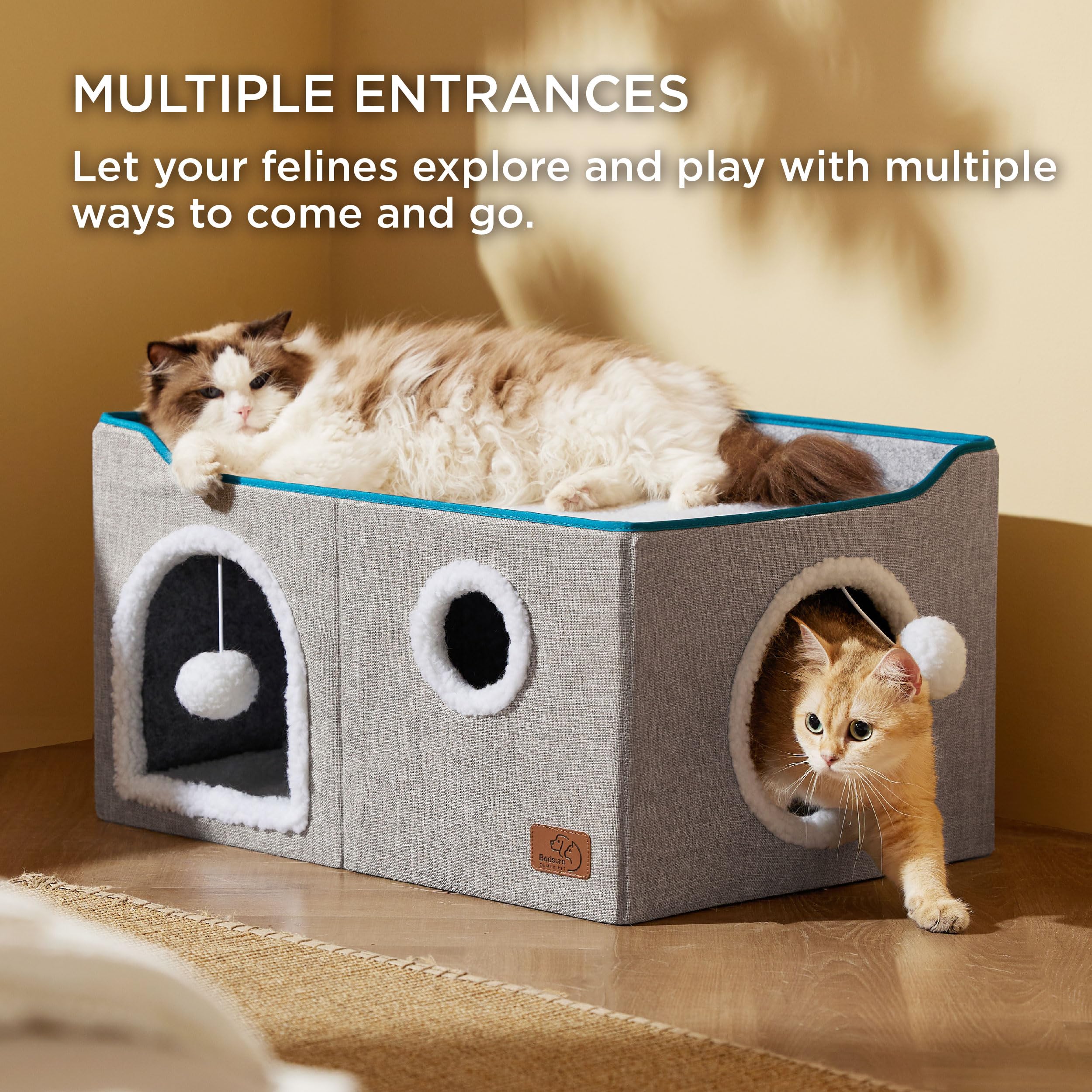 Large Cat Beds for Indoor Cats - Extra Wide Cat Cube House for Small Pet with Fluffy Ball Hanging and Scratch Pad, Foldable Pet Cave Hideaway for Multiple Cats, 23.6x16.9x13 inches, Grey