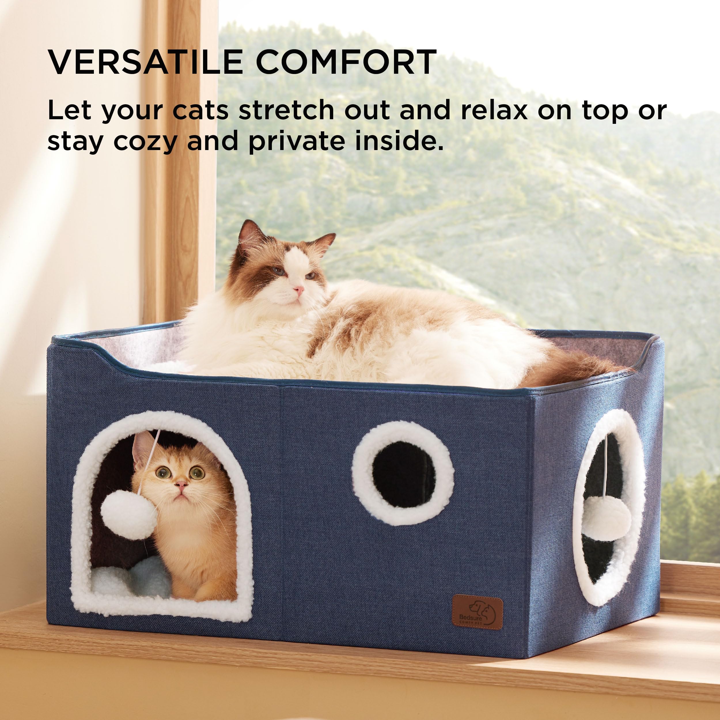 Large Cat Beds for Indoor Cats - Extra Wide Cat Cube House for Small Pet with Fluffy Ball Hanging and Scratch Pad, Foldable Pet Cave Hideaway for Multiple Cats, 23.6x16.9x13 inches, Blue