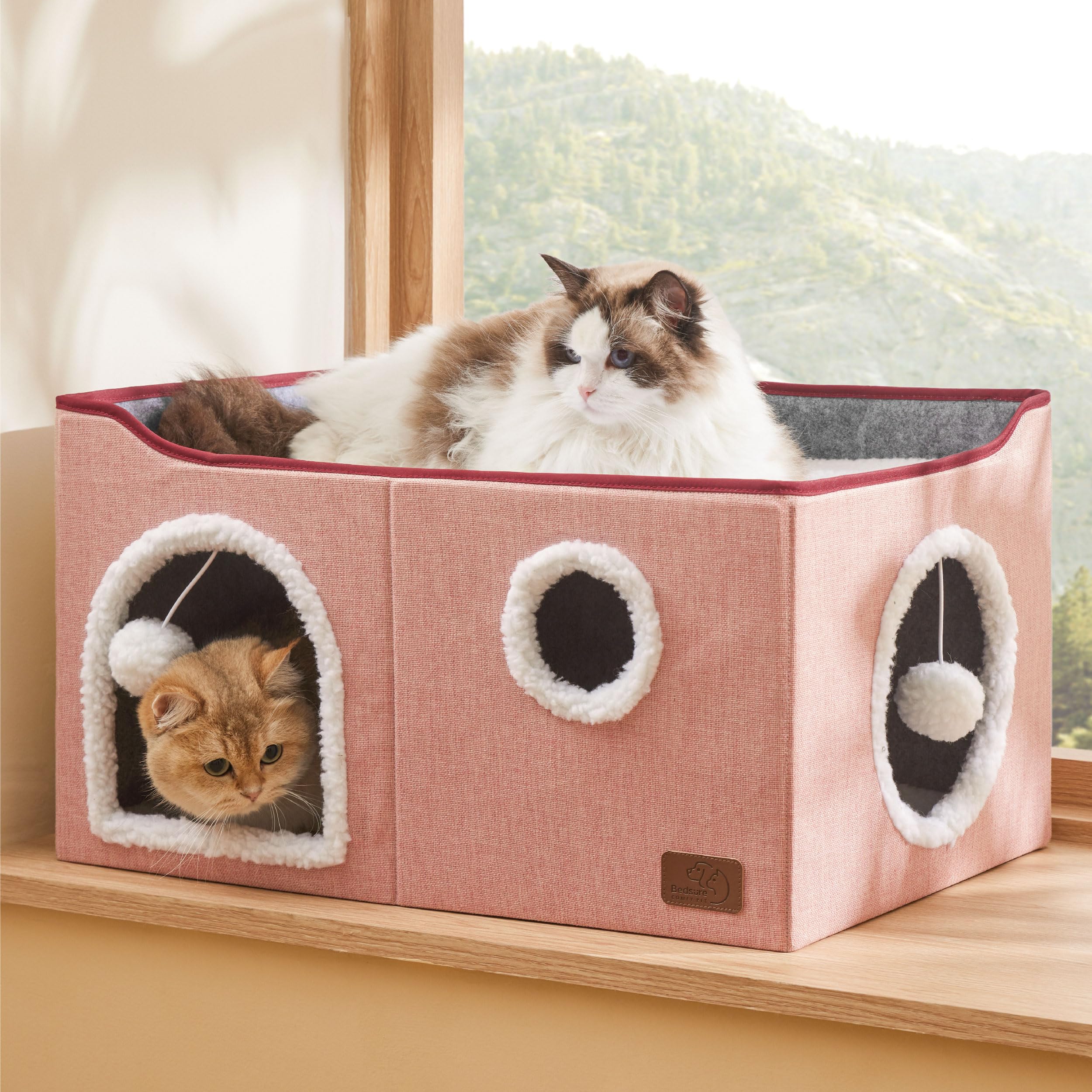 Large Cat Beds for Indoor Cats - Extra Wide Cat Cube House for Small Pet with Fluffy Ball Hanging and Scratch Pad, Foldable Pet Cave Hideaway for Multiple Cats, 23.6x16.9x13 inches,Pink
