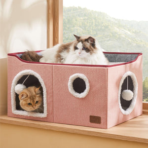 Large Cat Beds for Indoor Cats - Extra Wide Cat Cube House for Small Pet with Fluffy Ball Hanging and Scratch Pad, Foldable Pet Cave Hideaway for Multiple Cats, 23.6x16.9x13 inches,Pink