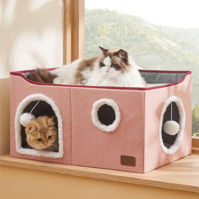 Large Cat Beds for Indoor Cats - Extra Wide Cat Cube House for Small Pet with Fluffy Ball Hanging and Scratch Pad, Foldable Pet Cave Hideaway for Multiple Cats, 23.6x16.9x13 inches,Pink
