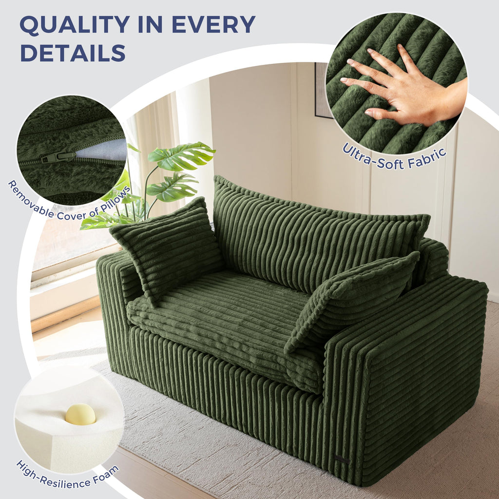 59" Bean Bag Sofa Couch, Loveseat Boneless Couch in a Box, Upholstered Small Mini Sofa with Deep Seating for Living Room Bedroom Office Apartment, No Assembly, Green