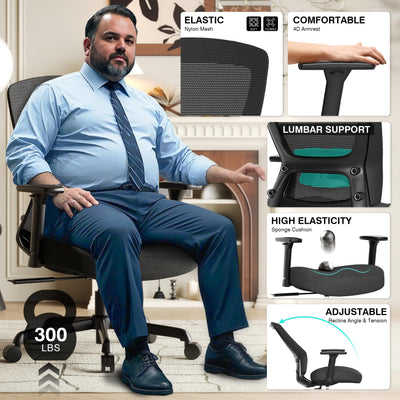 Ergonomic Home Office Chair, Mesh Computer Desk Chair with 4D Armrests, Adjustable Lumbar Support,Rolling Swivel Task Chair for Long Hours, Sponge Cushion
