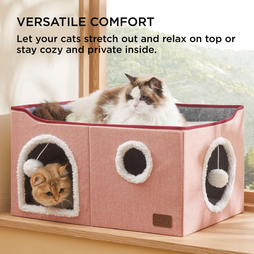 Large Cat Beds for Indoor Cats - Extra Wide Cat Cube House for Small Pet with Fluffy Ball Hanging and Scratch Pad, Foldable Pet Cave Hideaway for Multiple Cats, 23.6x16.9x13 inches,Pink