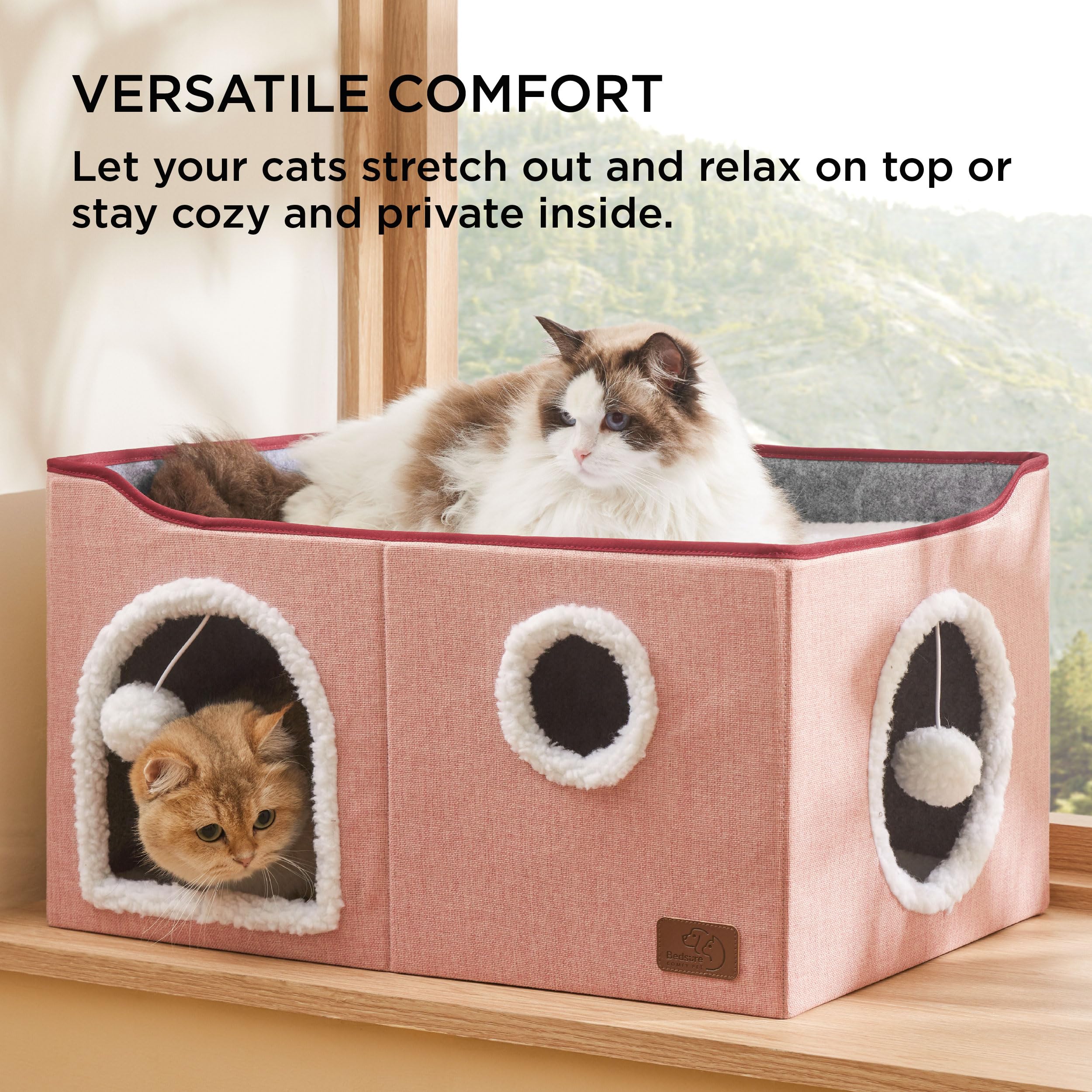Large Cat Beds for Indoor Cats - Extra Wide Cat Cube House for Small Pet with Fluffy Ball Hanging and Scratch Pad, Foldable Pet Cave Hideaway for Multiple Cats, 23.6x16.9x13 inches,Pink