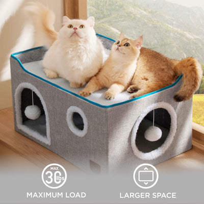 Large Cat Beds for Indoor Cats - Extra Wide Cat Cube House for Small Pet with Fluffy Ball Hanging and Scratch Pad, Foldable Pet Cave Hideaway for Multiple Cats, 23.6x16.9x13 inches, Grey