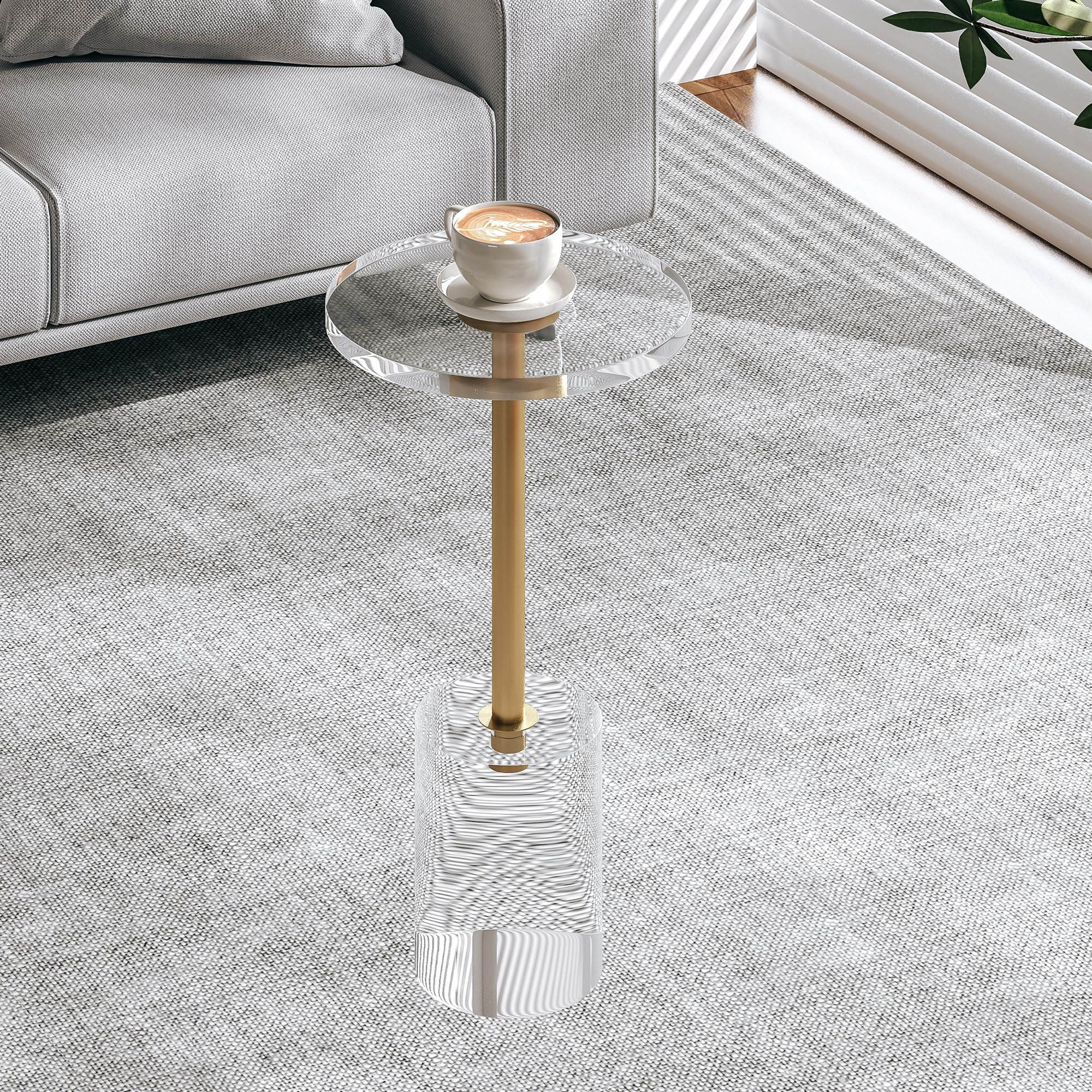Clear Acrylic End Table, Modern Minimalist Round Side Table with Solid Base for Living Room, Bedroom, and Office, 12x12 inch, Easy Assembly, Transparent Design, Brushed Brass Metal Accent