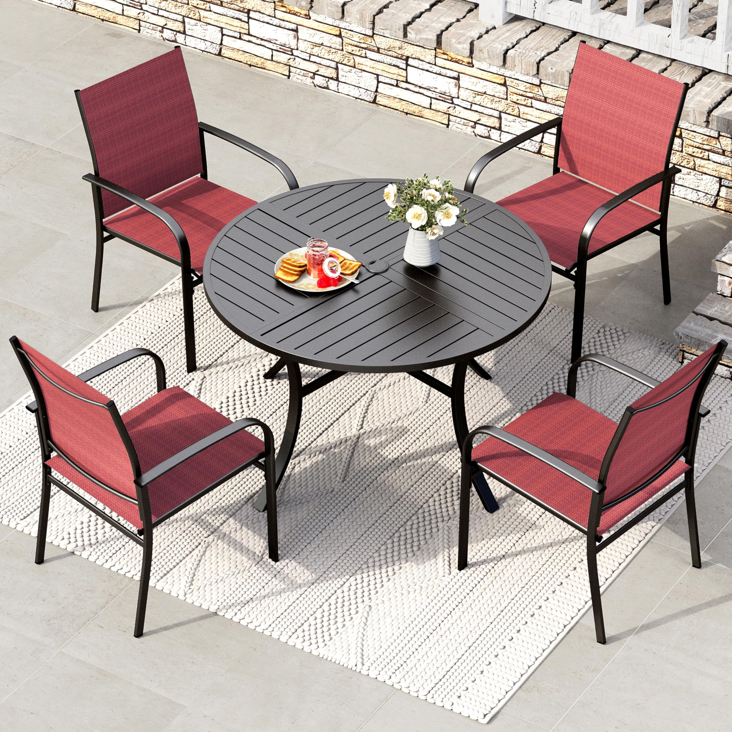 5 Pieces Patio Dining Set, Patio Table and Chairs Set for 4, 4 x Red Textilene Dining Chair and 42" Metal Round Table for Lawn Garden Backyard Deck
