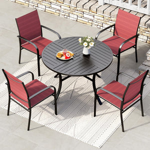 5 Pieces Patio Dining Set, Patio Table and Chairs Set for 4, 4 x Red Textilene Dining Chair and 42