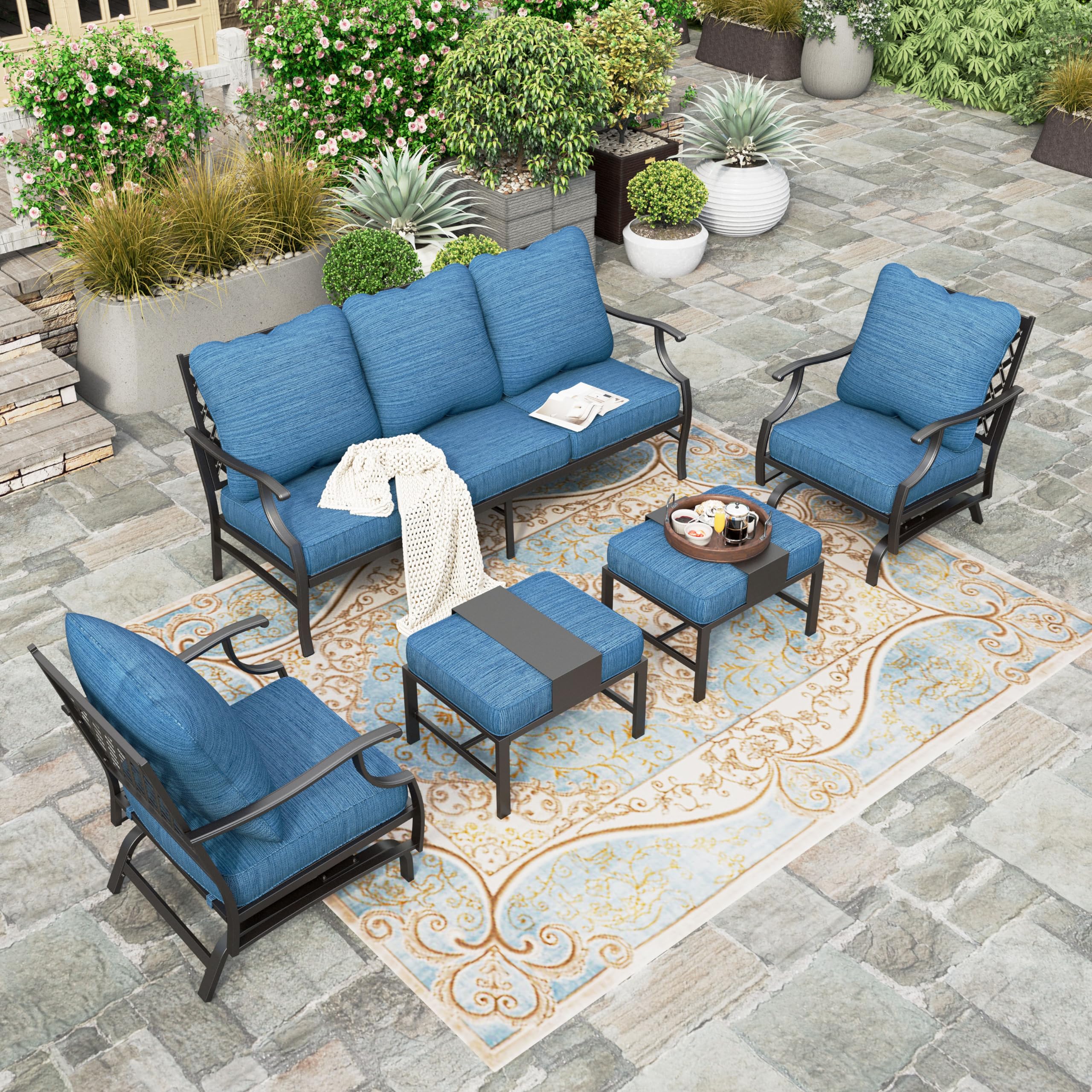 5 Pieces Patio Furniture Set, 2 x Rocking Chair, 2 x Ottoman, 1 x 3-Seat Sofa, All Cushioned 7 Seats Metal Outdoor Conversation Set for Lawn Garden Backyard