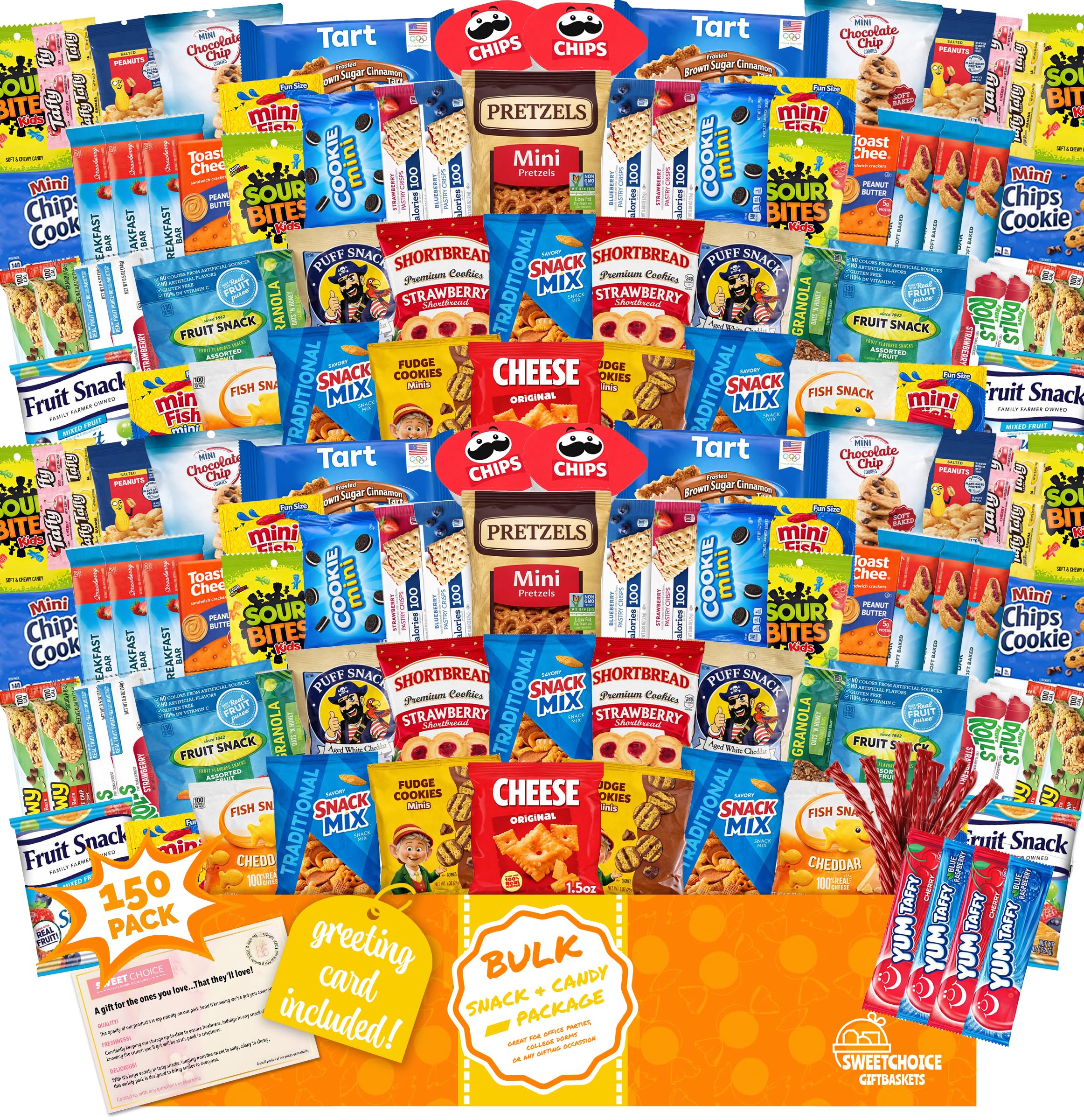 Snack Box Variety Pack (150 Count) - Bulk Snacks Variety Pack for Adults, Kids & Teens - Snacks Candy Gift Box with Chips, Cookies & Bars - Care Packages for College Students, Office & Birthdays