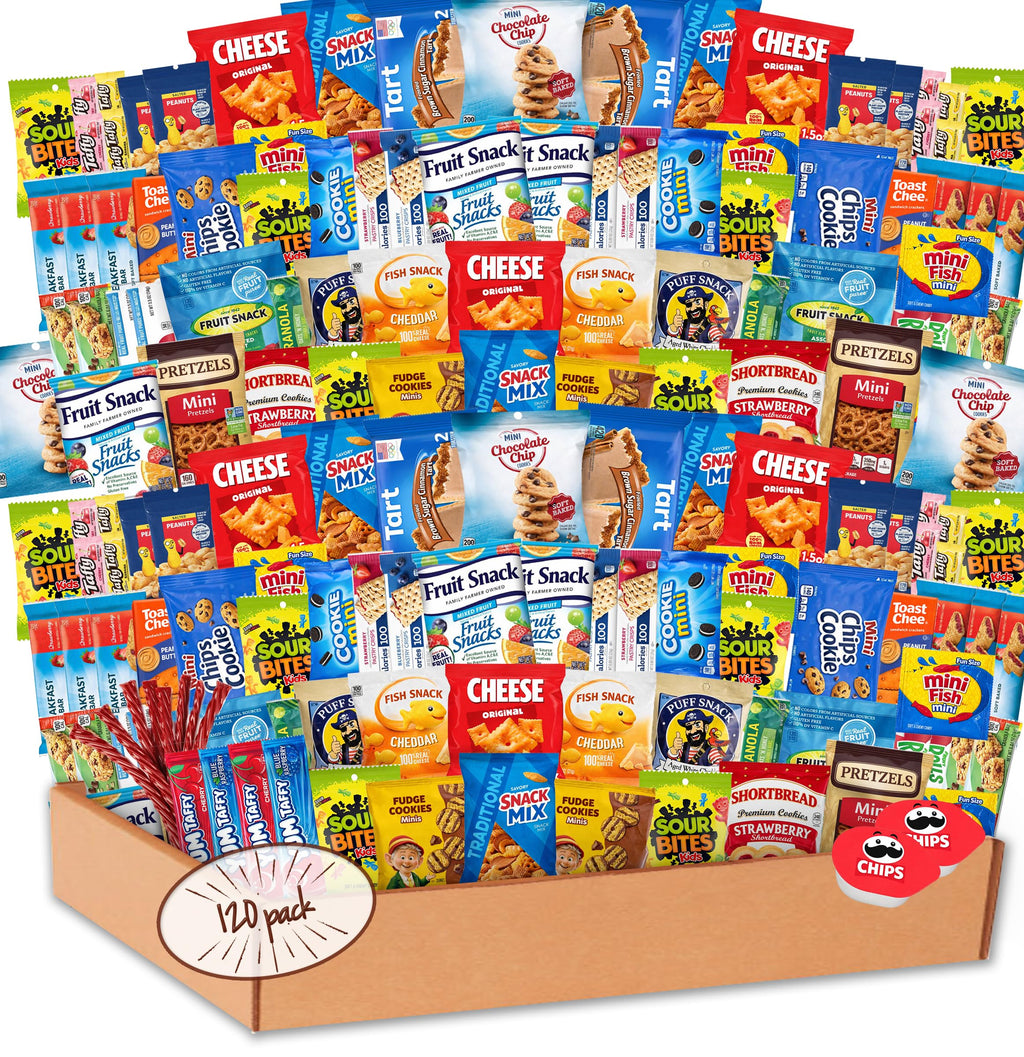 Snack Box Variety Pack (120 Count) - Bulk Snacks Variety Pack for Adults, Kids & Teens - Snacks Candy Gift Box with Chips, Cookies & Bars - Care Packages for College Students, Office Treat & Birthdays