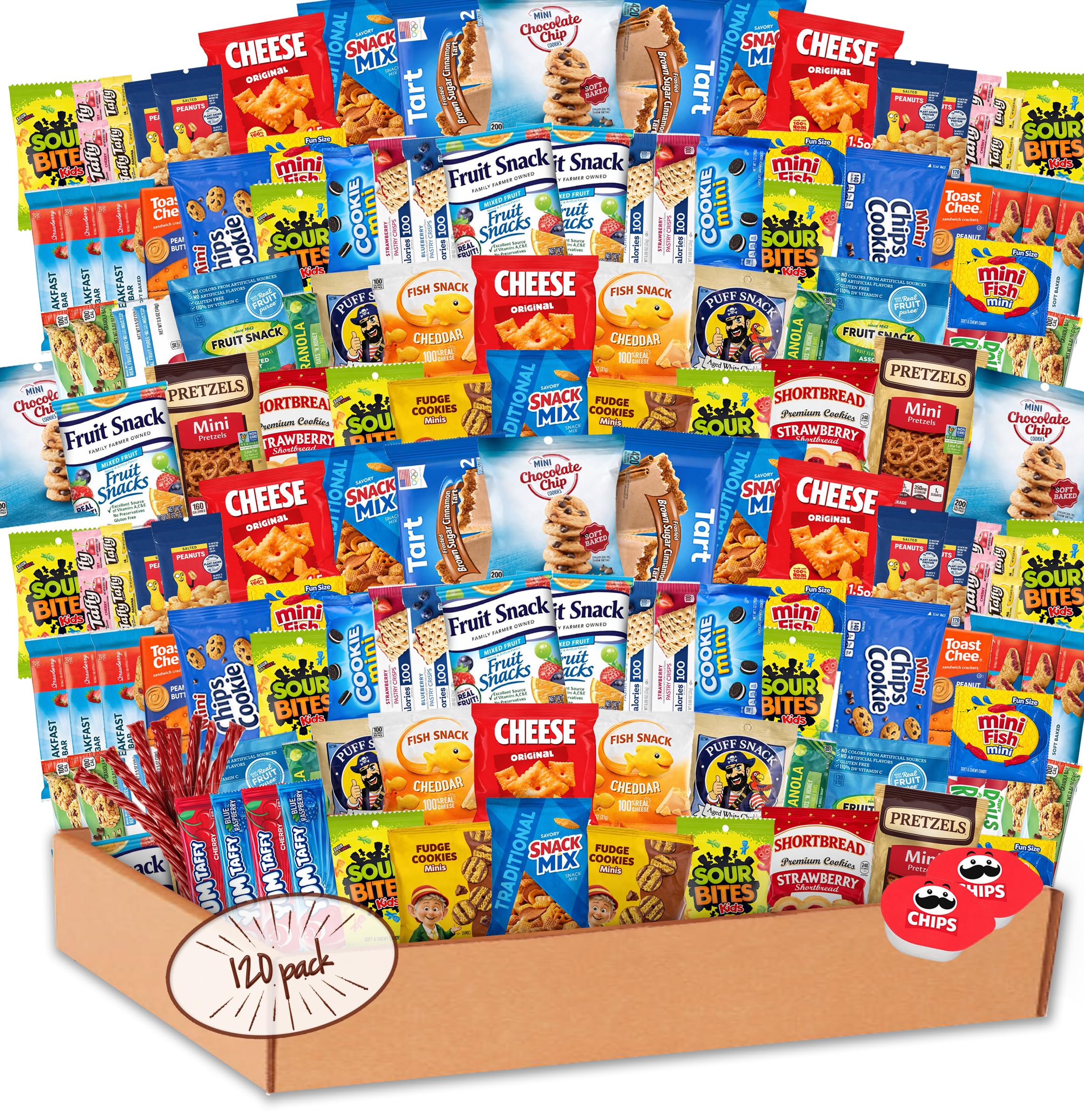 Snack Box Variety Pack (120 Count) - Bulk Snacks Variety Pack for Adults, Kids & Teens - Snacks Candy Gift Box with Chips, Cookies & Bars - Care Packages for College Students, Office Treat & Birthdays